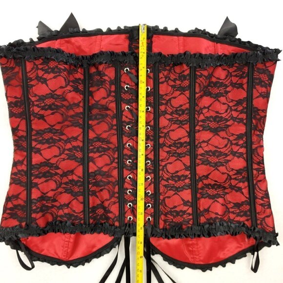 Red Black Corset Floral Lace Bows Boudoir Burlesque Lingerie Plus Size 5XL - Picture 11 of 12